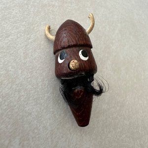 Denmark Danish signed brown wooden hand-painted fur viking brooch pin